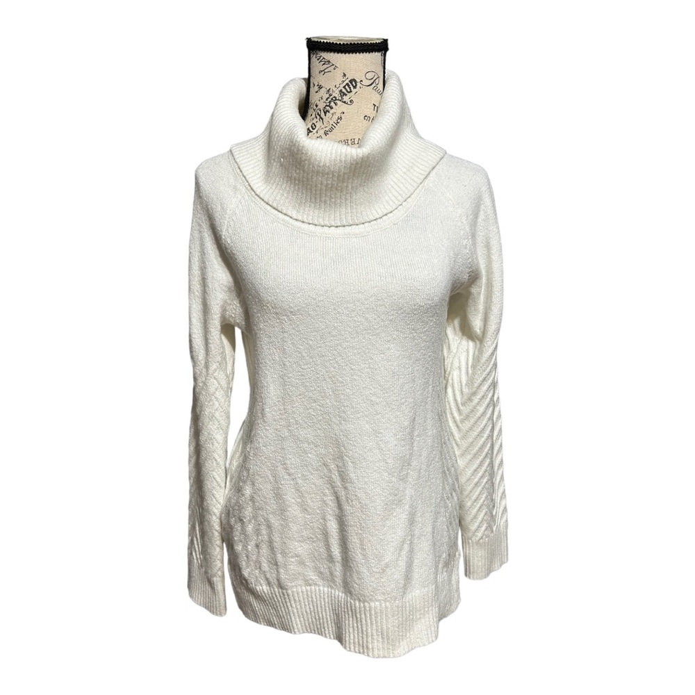Calvin Klein Off White Textured Cowl Neck Mixed Knit Sweater Small